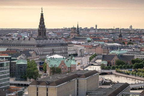 City centre with stock exchange, Christiansborg Palace and Gammel Strand, Copenhagen, Denmark,