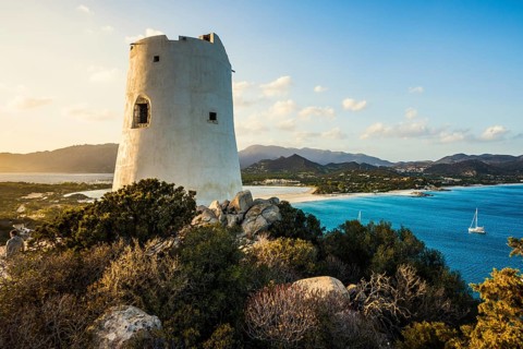 Panorama, Saracen tower and beach, sunset, Torre di Porto Giunco, Spiaggia di Porto Giunco, Capo