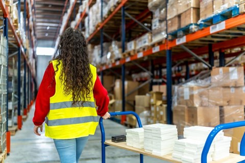 Rear view of a woman with trolley working in a distribution warehouse