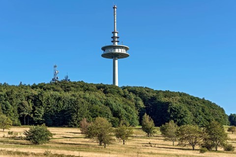 German Telekom telecommunications tower, transmission tower, forest, dry meadows, Hoherodskopf