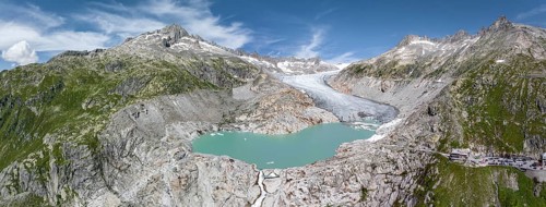 Rhone glacier, valley glacier in the headwaters of the Rhone in the Swiss Alps. Melting glacier,
