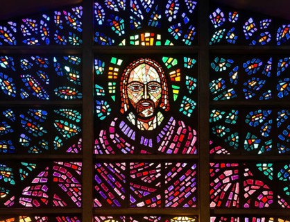 Detail of Blessed Sacrament Chapel stained glass window, Buckfast Abbey, Buckfastleigh, Devon.