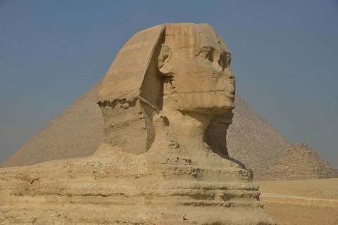 Sphinx or Great Sphinx of Giza, lion with a human head, built in the 4th Egyptian dynasty around