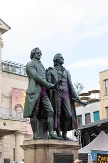 Goethe-Schiller monument in front of the German National Theatre in Weimar, Thuringia, Germany,