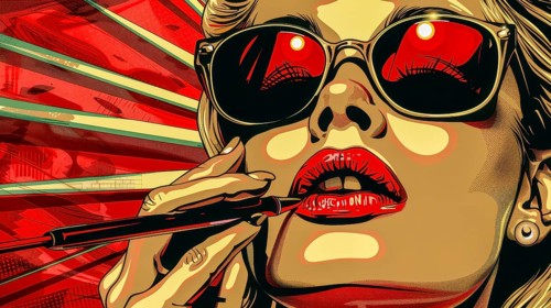 Pop art depiction of a glamorous woman with red lips and sunglasses in bold colors, AI generated
