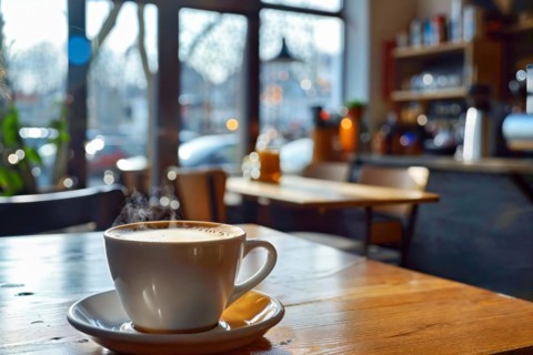 Coffee break in a stylish café with a view of the lively street atmosphere, AI generated, AI