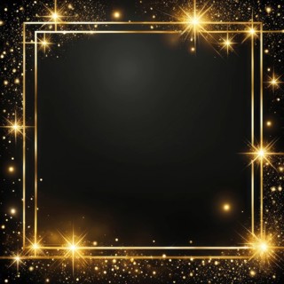 Golden frame with star bursts and glittering sparkles on a dark background, evoking a magical and