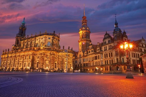 Dresden sunset Residenzschloss and Hofkirche buildings in Germany