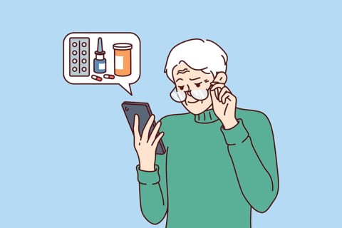 Elderly man orders medicines for home delivery using mobile phone from pharmacy application.