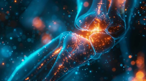 Digital art depicting a blue and orange neural network with glowing connective tissues and cells,