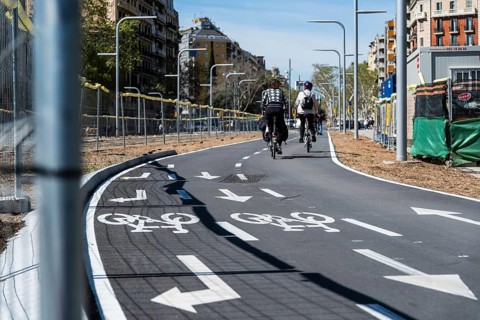Newly built, two-lane cycle path in Barcelona, Spain, Europe