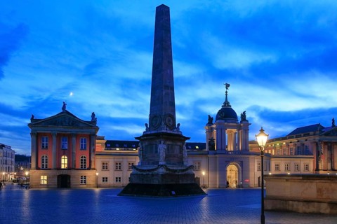 City Palace with Fortuna Portal, Obelisk, Alter Markt in the evening, Potsdam, Brandenburg,