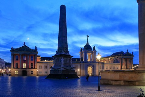 City Palace with Fortuna Portal, Obelisk, St. Nikolai Church, Old Market in the evening, Potsdam,