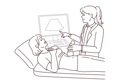 Doctor do belly ultrasound for woman lying on bed in hospital or clinic. Gynecologist or GP scan