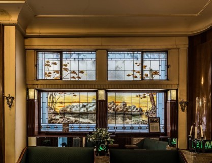 Brussels, Belgium, 01 18 2019: Art deco interior design of the tavern L'Espérance with stained