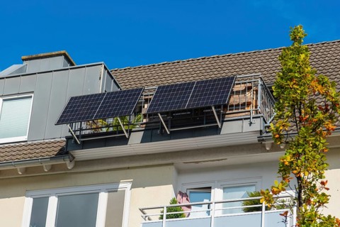 Balcony power station on a balcony of an attic flat in Düsseldorf, Germany, Europe