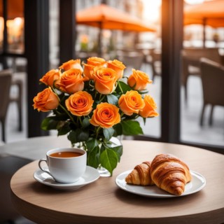 A cozy patio breakfast scene with orange roses, croissants, and a cup of coffee on a table with