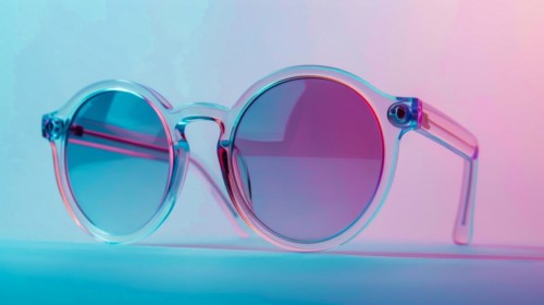Stylish sunglasses with clear frames are showcased against a reflective blue and pink gradient, ai