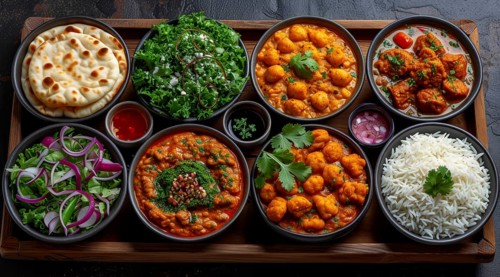An array of Kashmiri dishes including chickpea curry, palak paneer, and rice with naan, AI
