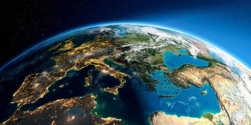 Highly detailed Earth with atmosphere, exaggerated relief and light-flooded cities. Transition from