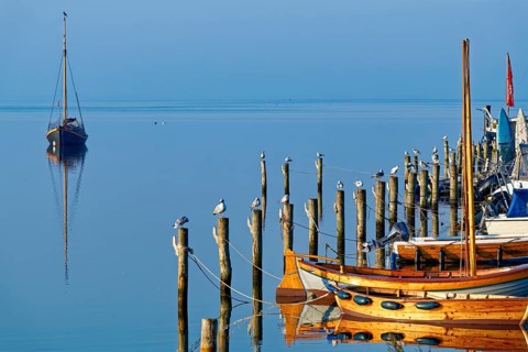Single boat and seagulls on piles reflected in the calm blue water, Salzhaff with lagoon jetty,