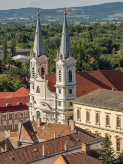 View of church towers and surrounding houses with tiled roofs in a picturesque village, esztergom,