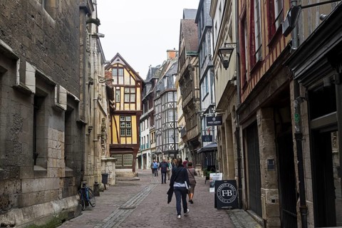 Rouen, France, August 30, 2018: Old houses in the tourist center of Rouen, built in the traditional