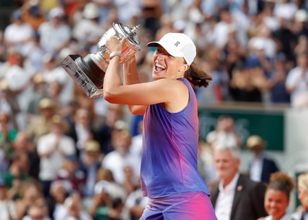 French Open 2024 Champion Iga Swiatek of Poland is holding the trophy at Roland Garros, Paris,
