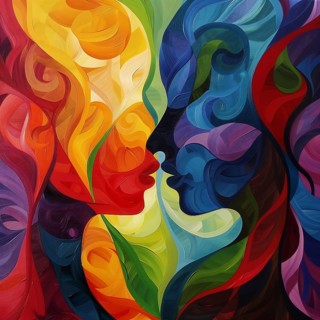 Artistic abstraction of a kissing couple, represented by a sea of colours and swirls, AI generated