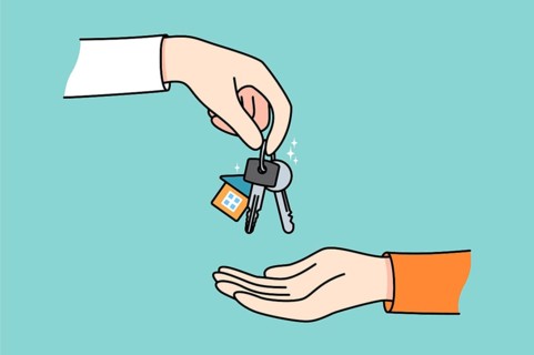 Realtor or broker give keys to client or buyer greeting with purchase. Real estate agent