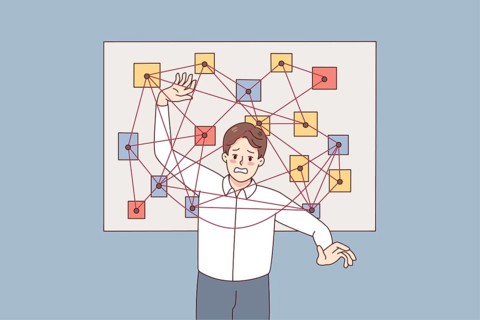 Unhappy man feel stressed with overwhelming work tasks and issues. Confused male employee