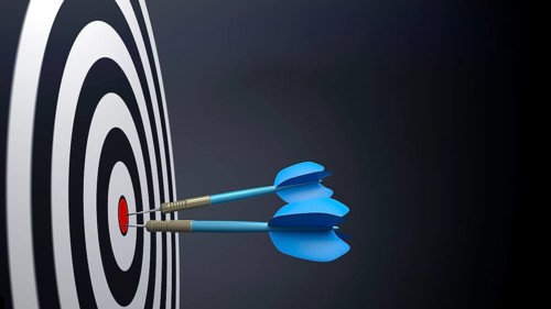 Two blue typical dart arrows 3D illustration