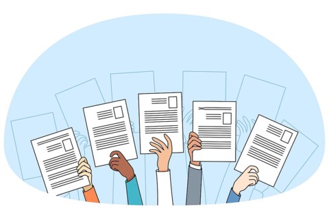 Diverse people hands raise up holding resume or CV offer candidacy at open position. Applicants or