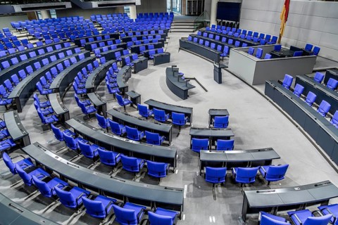 View into the empty plenary chamber of the German Bundestag, plenary chamber with blue chairs