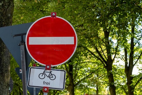 Road construction, traffic sign no through traffic and cyclists free at the construction site