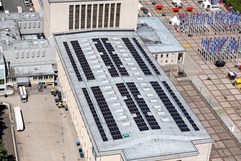 Messe Berlin, historic main building, exhibition halls, Masurenallee, solar plant, photovoltaics,