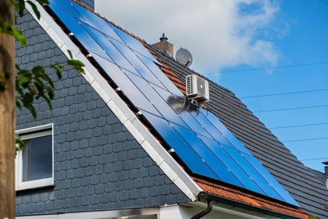 Solar panels on the roof of a detached house in Essen, Germany, Europe