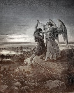 Jacob Wrestles with the Angel, woodcut by Gustave Doré