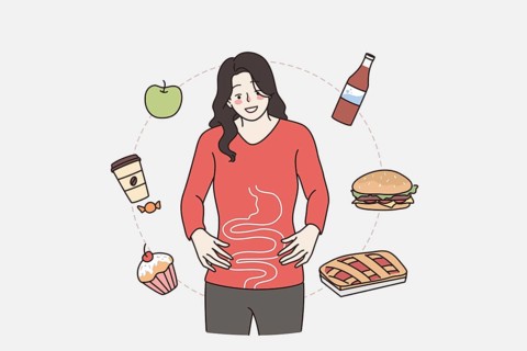 Gastro system and healthy digestion concept. Young smiling woman cartoon character standing showing