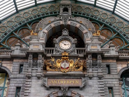 Opulent, historic interior view of the old Antwerp-Centraal terminus station with the famous old