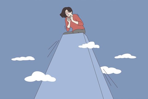 Acrophobia and fear of heights concept. Young stressed woman cartoon character sitting on peak of