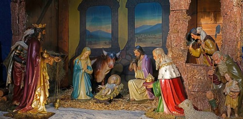 Christmas cot, Holy Family, Three Wise Men, Parish Church of St Peter and Paul, Dieburg, Hesse,
