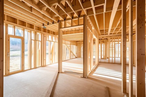 Unfinished interior of a prefabricated contemporary house. Construction site, building future home.