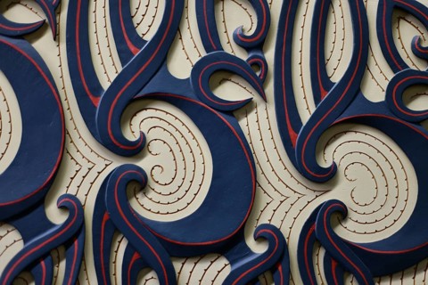 Maori style carvings on display at the National Library, Wellington, New Zealand, Oceania
