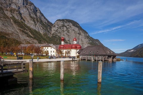 Pilgrimage church of St. Bartholomä at Königssee in autumn, Schönau, Berchtesgaden National Park,