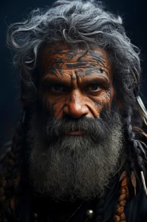 Portrait Papuan man with colourful face painting, feathers, body jewellery, indigenous people,