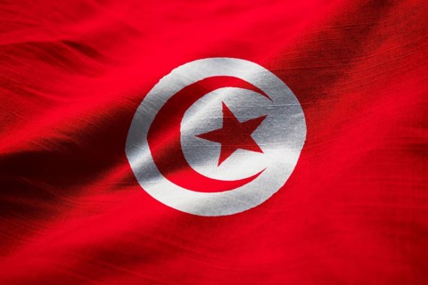 Closeup of Ruffled Tunisia Flag, Tunisia Flag Blowing in Wind
