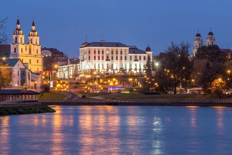 Minsk city center view and Svislach river in the evening