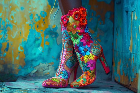 Vibrant women's boots with colorful embroidery and floral fabric, AI generated