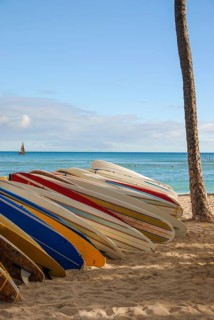 Vertical shot of several surfboards displayed on a rack at a beach in Hawaii